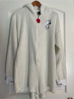 Peanuts Snoopy Woodstock White Sherpa Fleece Hooded Zip Romper Pockets XL